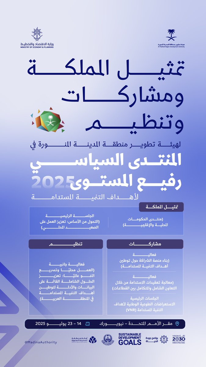 المدينة المنورة تشارك في المنتدى السياسي رفيع المستوى المعني بالتنمية المستدامة للأمم المتحدة 2025